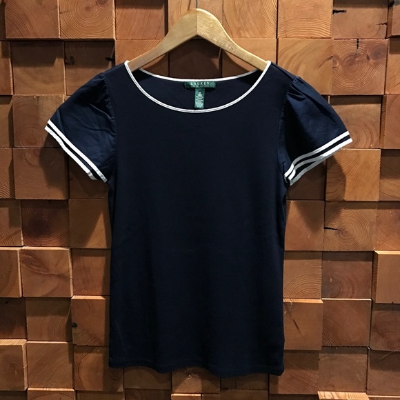 Lauren -Ralph Lauren Navy Ruffled Blouse Size M - Picture 4 of 4